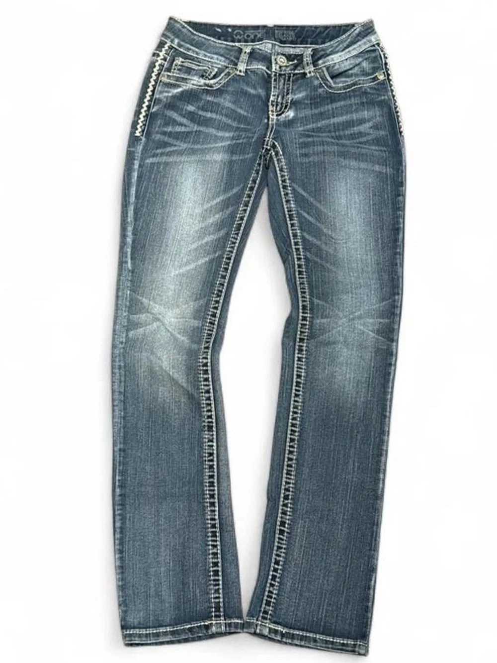 Y2K Warehouse One Embroidered Faded Low Rise Straight Jeans - Picture 2 of 3